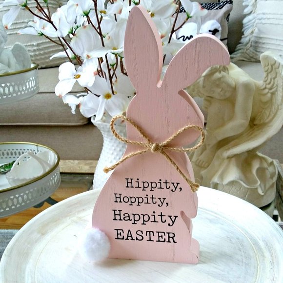 NEW! FARMHOUSE Solid WOOD Hippity HOPPITY EASTER BUNNY - Picture 2 of 3